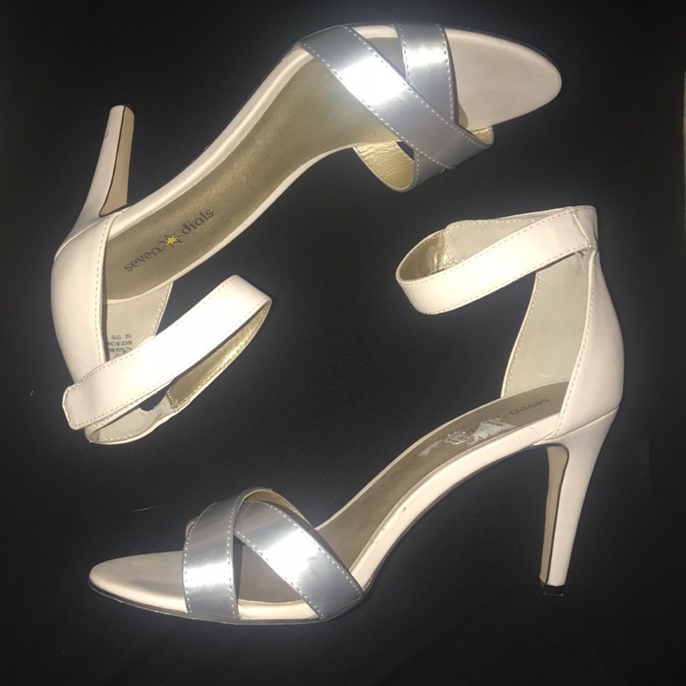 Metallic and beige strappy heels. Size 8.5.